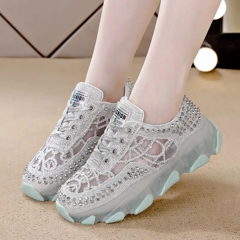 

New Women's Bling Crystal Sneakers 2026 Women Mesh Breathable Shoes Sports Running Shoes Ladies Fitness Shoes Chunky Sneakers