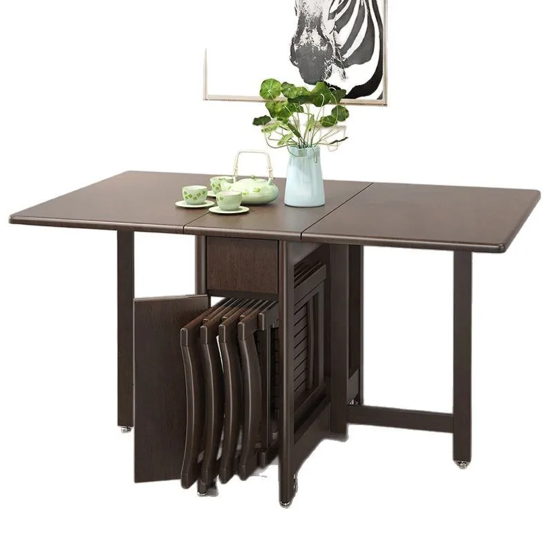 

Golden silk walnut all solid wood folding dining table and chairs, small apartment telescopic modern simple household rectan