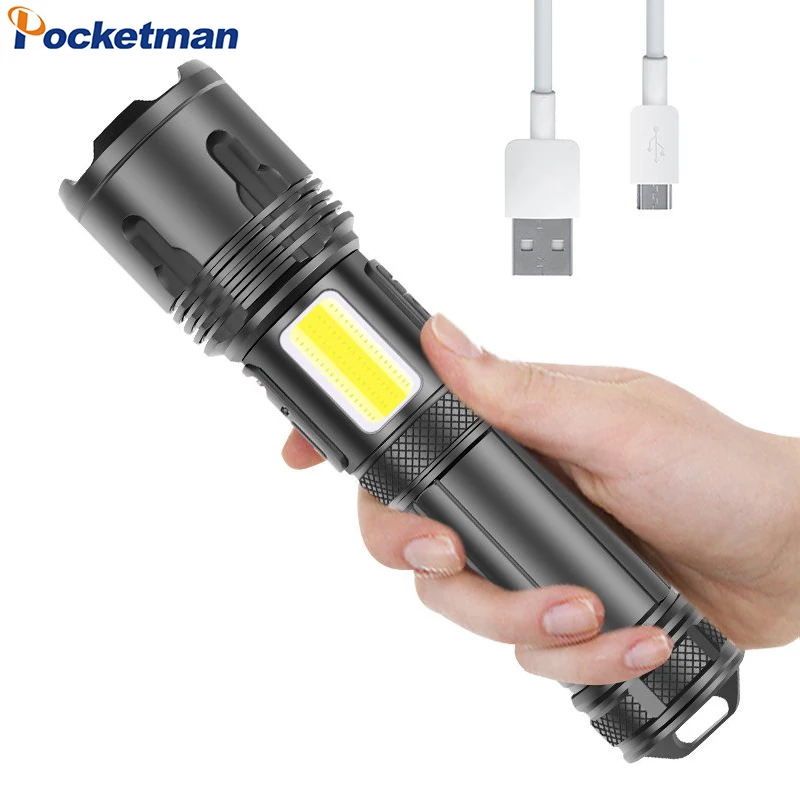 Rechargeable LED Flashlight with COB Side Light Zoomable Waterproof Multi-Mode Handheld Torch for Camping Hiking Emergency