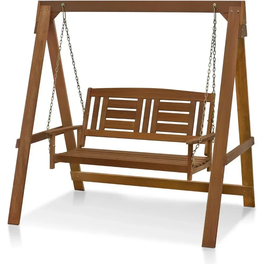 Premium Furinno Tioman Hardwood Patio / Garden / Outdoor 4ft Porch Swing, 2 Seater with Stand, Natural