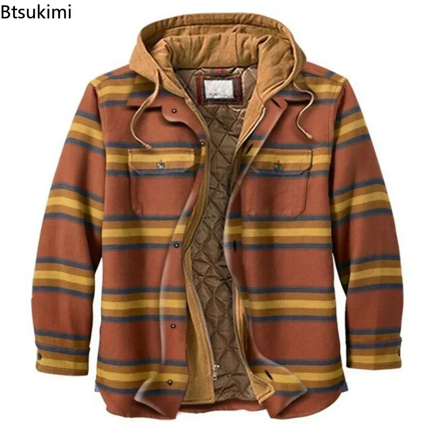 Nieuwe Mannen Dikker Katoen Gewatteerde Jassen 2024 Herfst Winter Capuchon Warme Vintage Plaid Parka Mannen Casual Rits Dikke shirt Jas