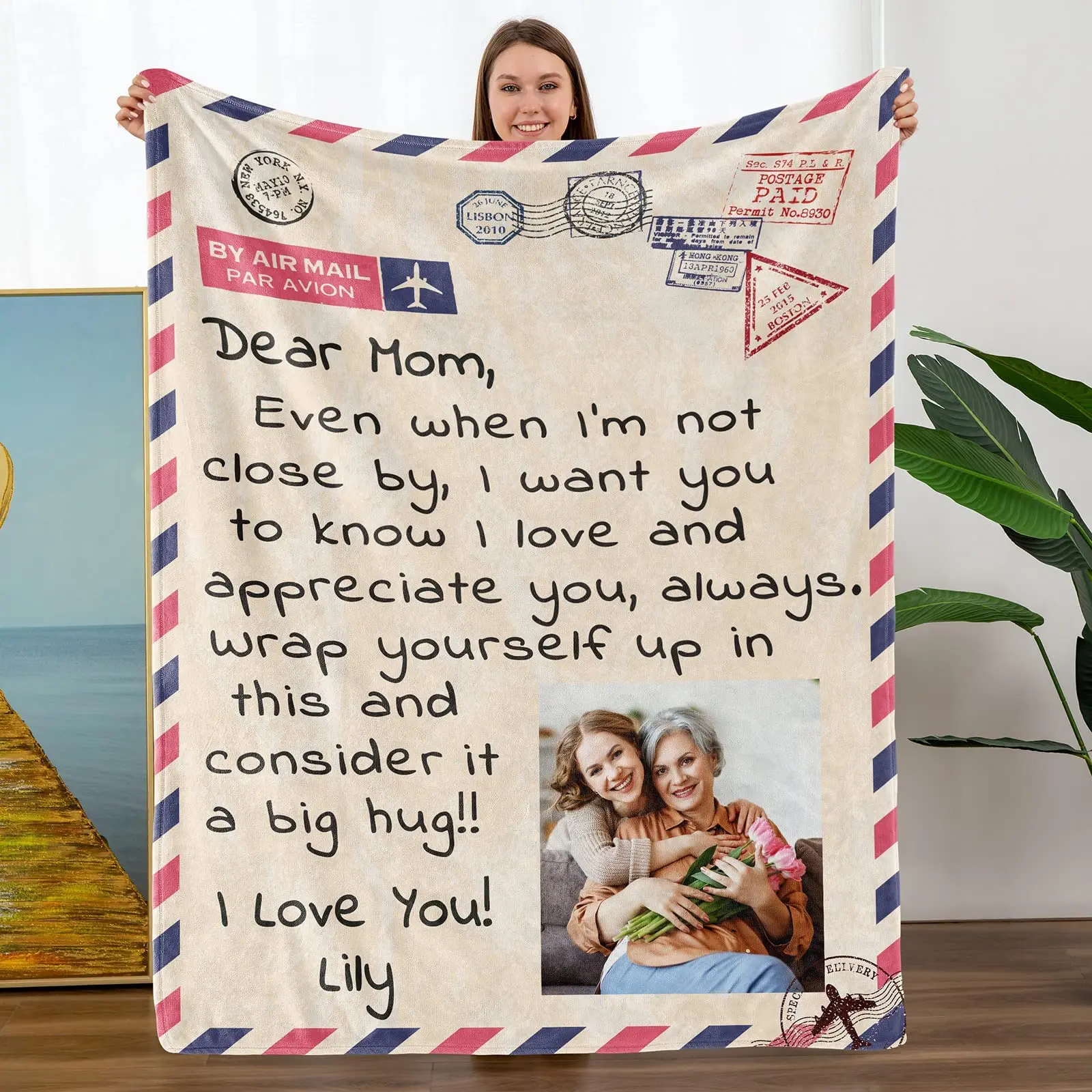 Custom Photo Blanket with Name for Mom Dad Grandma Grandpa, Personalized Blanket to Mom Gift from Daughter Son, Best Mom Gifts