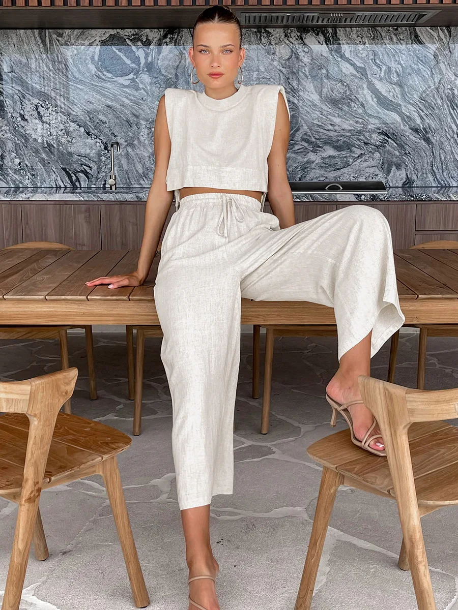 Summer Khaki Linen Pants Sets Women 2 Piece Fashion Sexy Lace-Up Crop Tops Vacation Elastic Waist Loose Long Pants Suits