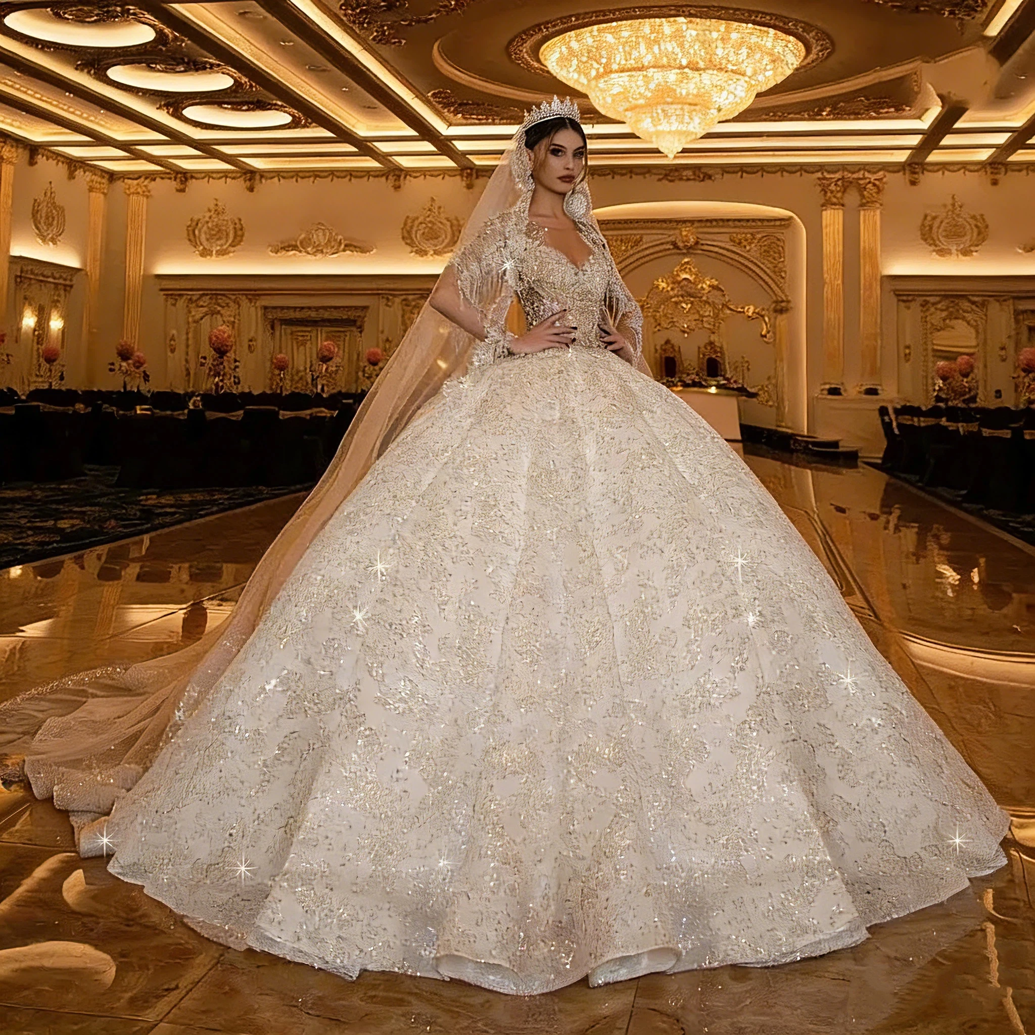 Luxury Lace Crystal Bead Decoration For Dubai Women's Wedding Dress Sexy V-Neck Transparent Long Sleeved Bridal Gown Customized