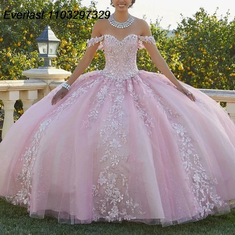 EVLAST-Vestido De quinceañera rosa brillante, Vestido De baile, apliques De encaje, cuentas De cristales, hombros descubiertos, dulce 16, 15 años, TQD402