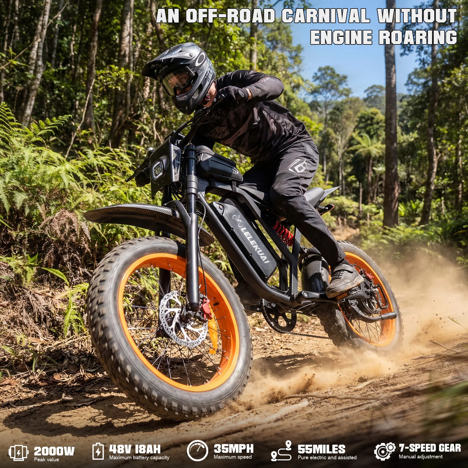 2000W peak motor, large-wheel adult electric bicycle, 35MPH electric off-road bicycle, 48V18AH lithium battery, range of 55 miles, 400-pound load capacity, 20x4-inch wide tire electric mountain bike, dual disc brakes, LED display, 7-speed adjustment