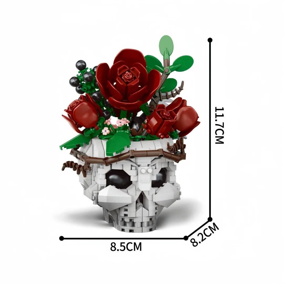 KNEW BUILT Totenkopf-Blumen-Rosen-Ornament Mikro-Bausteine – Schreibtischdekoration, Stressabbauendes Puzzlespielzeug, Gruseliges Geschenk für Halloween – Detail 5