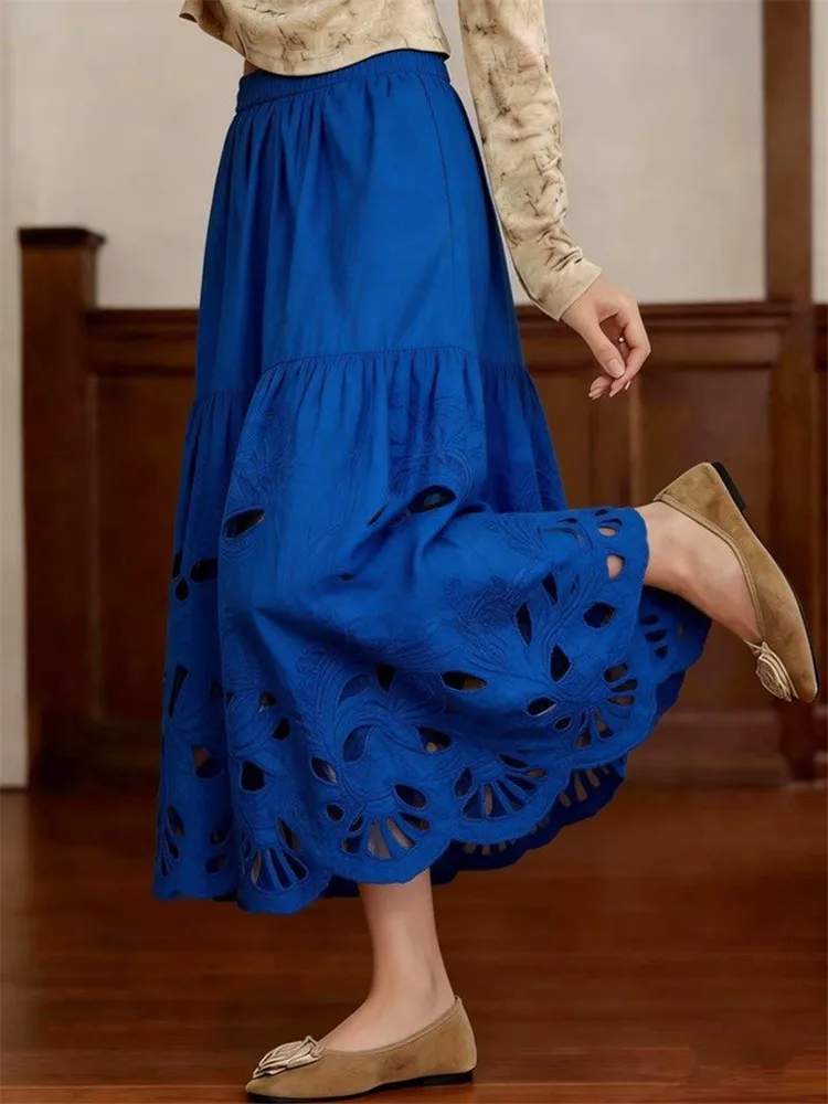 

Klein Blue Embroidered Hollow out A-Line Long Skirt plus Size Women's Summer Fashion Slimming High Waist Skirt Korean Style
