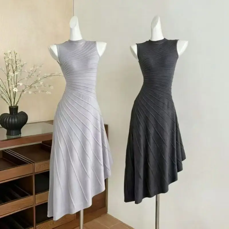 Women Summer Dress Spicy Girl High Neck Knitted Dress Long Skirt Knitted Fabric Straight Tube Short Dress A- Line Dress