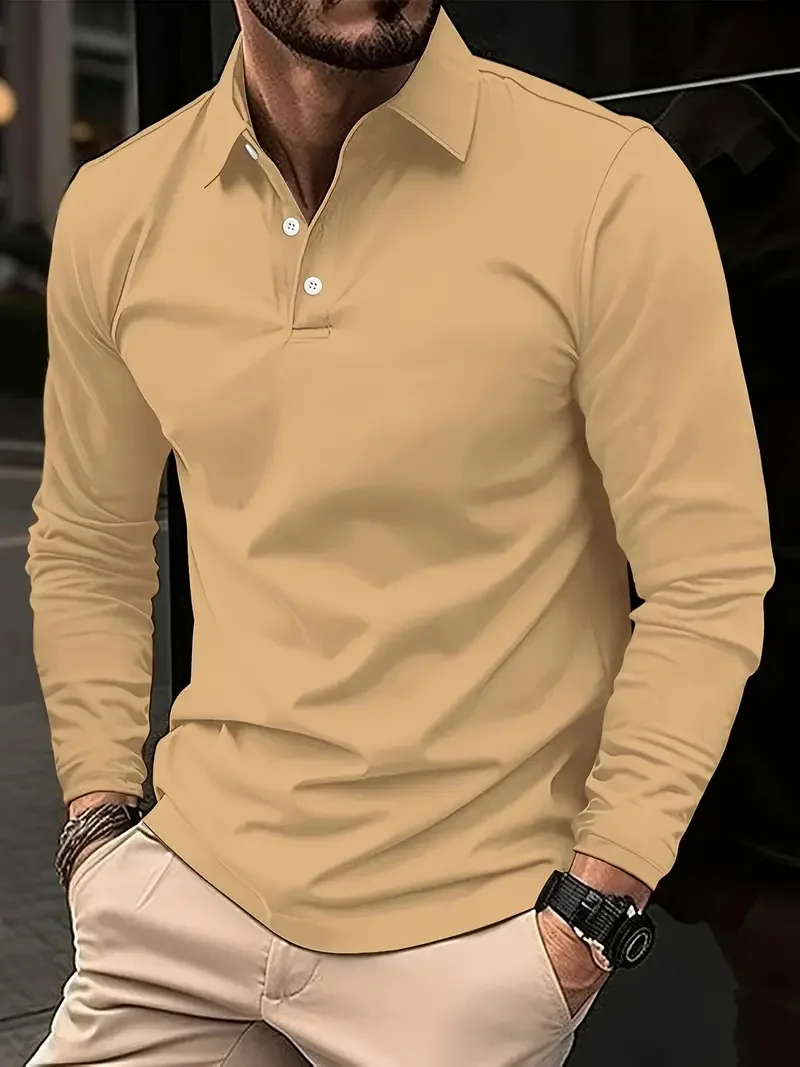 Spring And Autumn Men's Street Fashion Lapel Button Solid Color High-End Leisure Comfortable Sports Long-Sleeved polo Shirt Tops