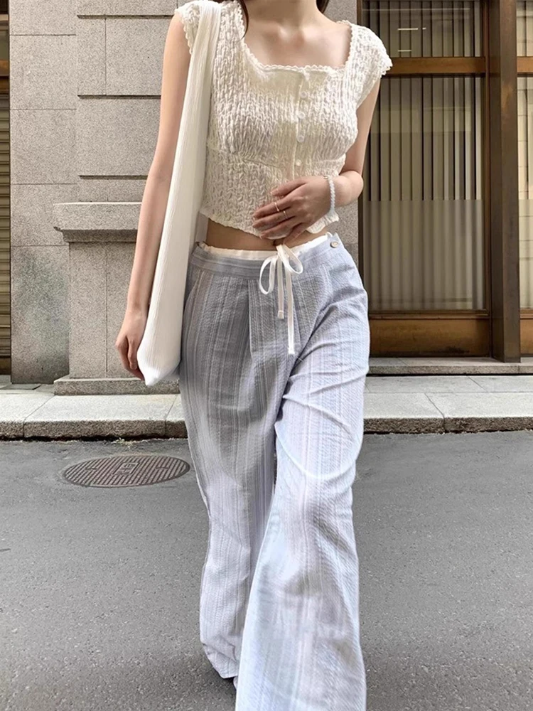 Pantaloni casual a gamba larga a vita alta da donna Primavera New Sle Retro Color Blo Design Pantaloni lunghi dimagranti Pantaloni casual