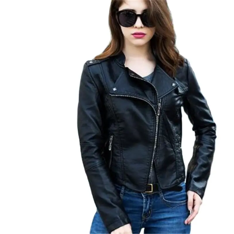 New Fashion Pu Biker Women Autumn Coat Leather Jackets For Turn-Down Collar Zipper Casual Moto Jacket Veste