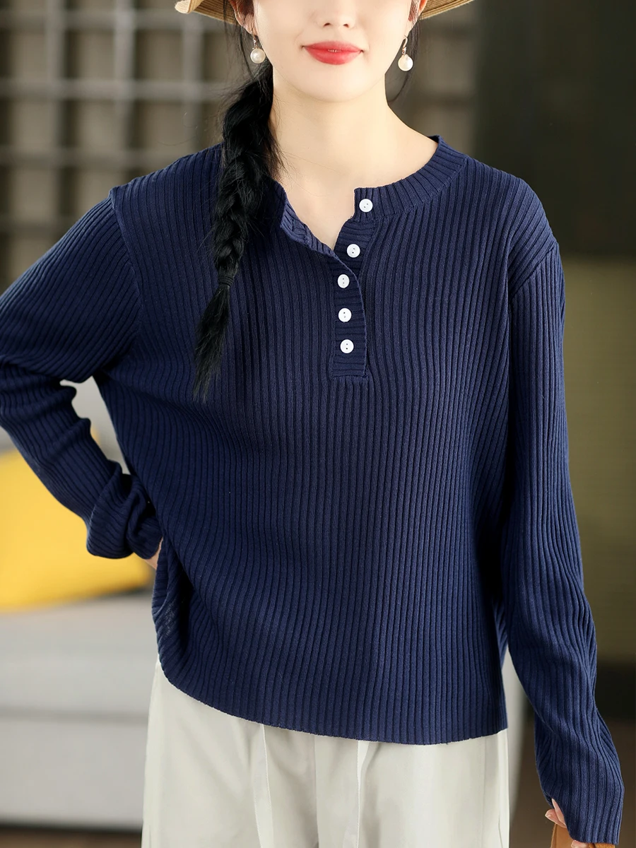 

Retro Sle Knitted Cotton round Ne Pullover Long Sve irt f Button Spring New Arrival Women's Faionable Top