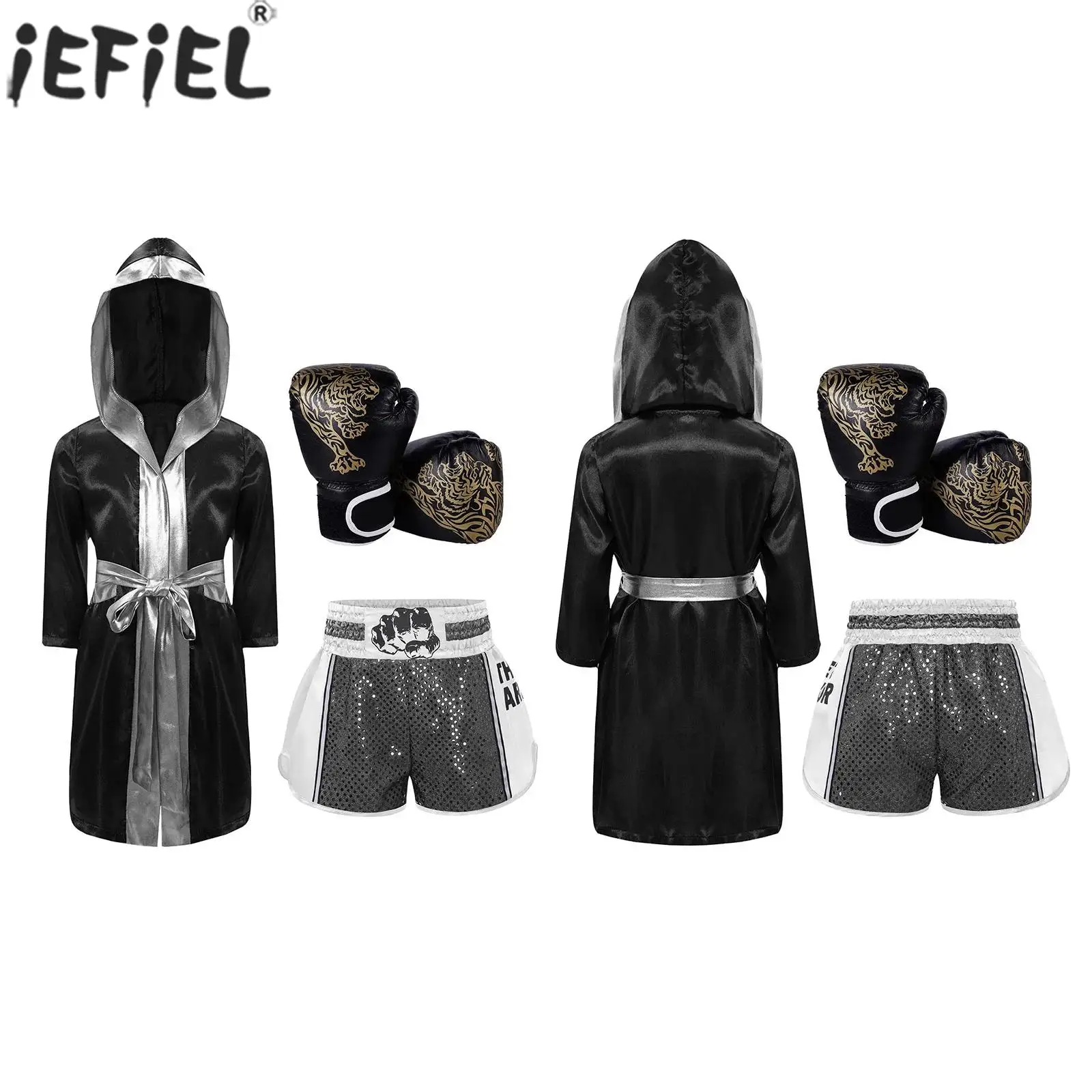 Kids Boxer Cosplay Performance Costume Boxing Training Robe Long Sleeve Satin Hooded Cloak with Belt Set for Halloween Carnival