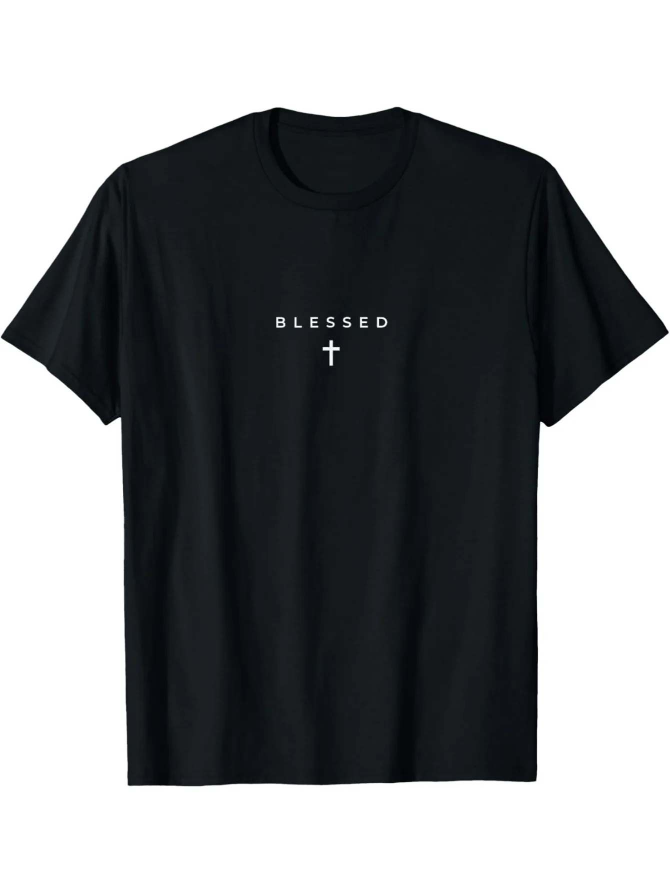 Men'S Blessed Cross Minimalist Christian Faith T-Shirt- Black Crew Neck Short Sleeve with Golden BLESSED Lettering Cross Design, Loose Fit Casual Casual Attire, All-Season Comfort, Christian Apparel for Church