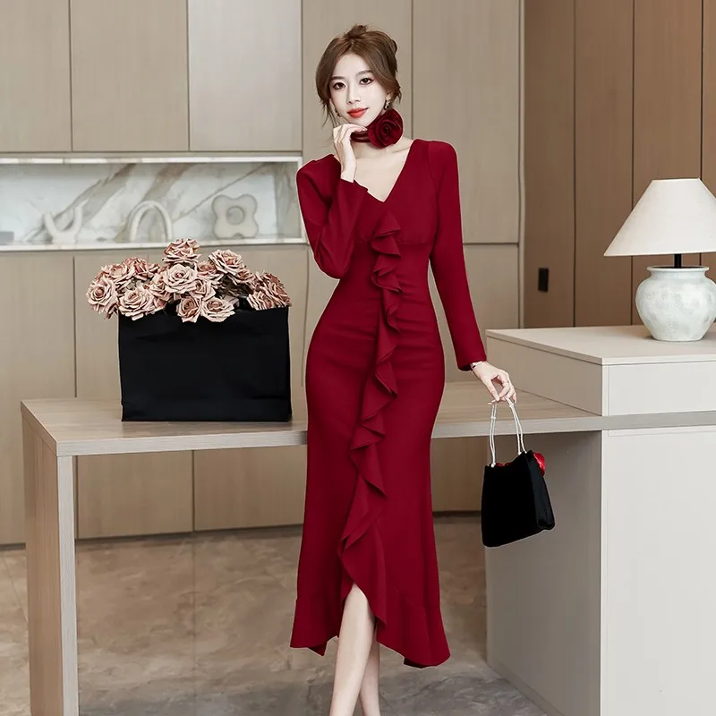 

High Waist Ruffled Maxi Dresses For Women Spring Winter Slim Long Dress Women's Vintage Dress Woman Retro Elegant 2024