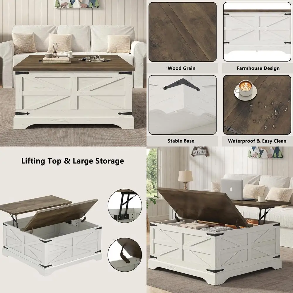 

35.5 Wide Square Coffee Table with Lit Top and Large Hidden Storage, Suitable for Wood Center Tables or Living Rooms, Brown Top
