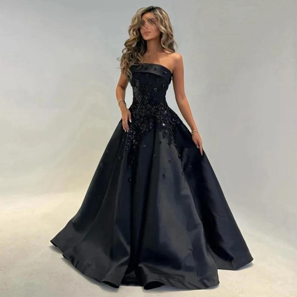 

Elegant Black Prom Party Dress Strapless Lace Appliques Beads A-line Formal Evening Pageant Gown Birthday Robe De Soriee