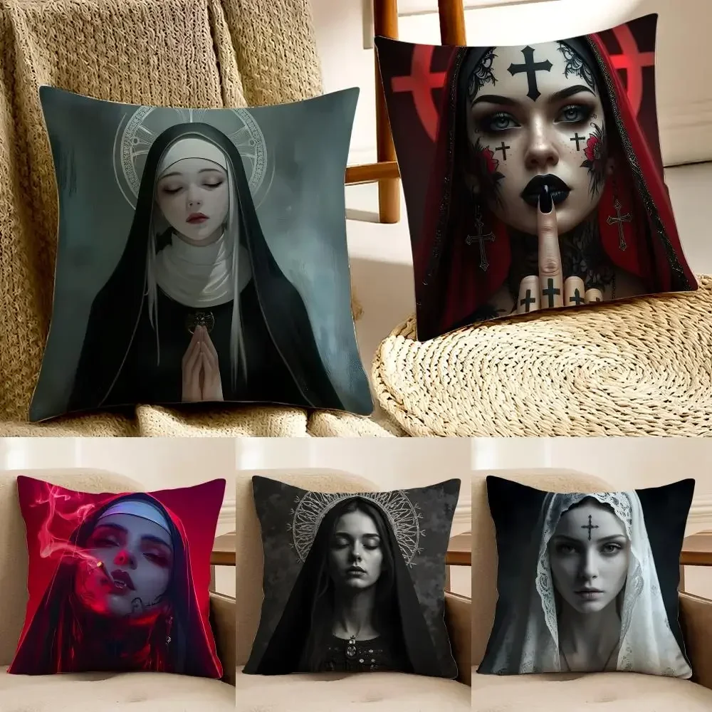 Mysterious Religious Figure N-Nun Cushion Cover Faux fur decorative Dark academia style Cat scratching post Rustic pillow cover