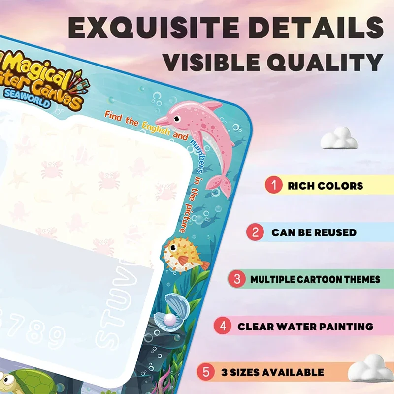 Large Reusable Water Drawing Mat for Kids - Clear Colorful Painting Reusable Educational Doodle Rug Toy Set