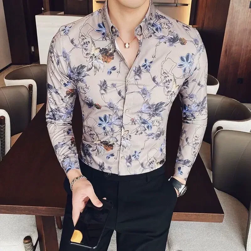 

2025 Spring Autumn New Pattern Flower Shirt Men's Long Sleeve Button Cardigan Trend Printed Slim Commute All-match Shirts Tops