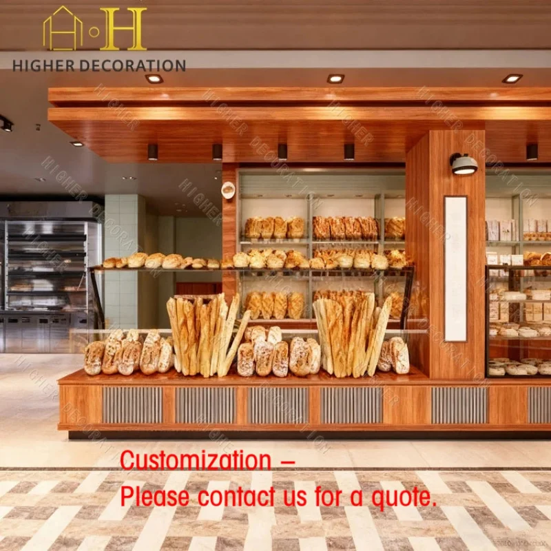 custom.Factory Price Glass Bread Display Cabinet Customized Durable Plywood Bakery Furniture Luxury Bakery Shop Interior Des