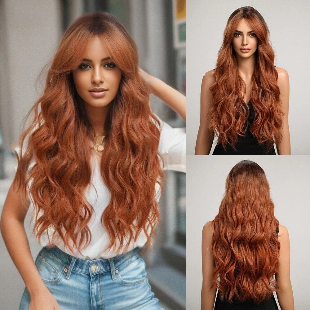 Eight-character Bangs Orange-Brown Wavy Long Wig with Natural Fiber Synthetic