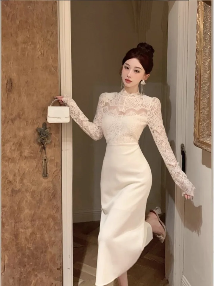 Korean Slim Lace Long Sleeve Cocktail Dress 2018 Kimotimo Fashion Lace  Patchwork Long Sleeved Evening Dress Women Sexy Waist Slim Wrapped Dreses  Spring Retro Elegant Party Robe AliExpress 200000345