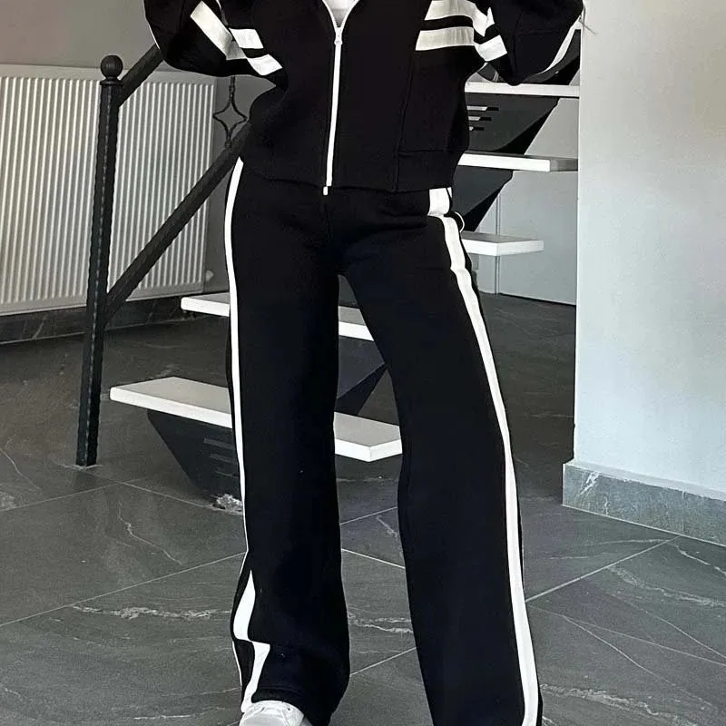 Y2K Two Piece Set Women Fashion Striped Print Lapel Zipper Coat High Waist Pants Outfit Autumn Winter Long Sleeve Suit Tracksuit