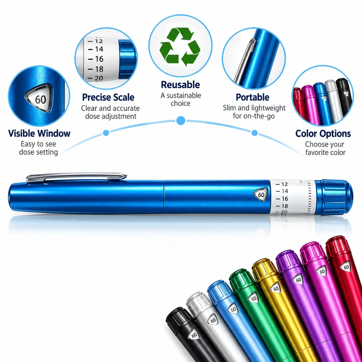 Reusable V4 Peptide Injection Pen Adjustable 60IU Metal Magic Pen Precise Dosing Universal Insulin Injector Pen Multi-Color