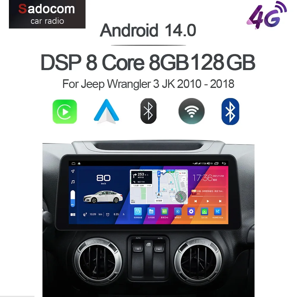 CarPlay 8G+128GB 14 Car Player GPS Stereo Radio Navigation Autoradio WiFi Navigation For Jeep Wrangler 3 JK 2010 - 2018