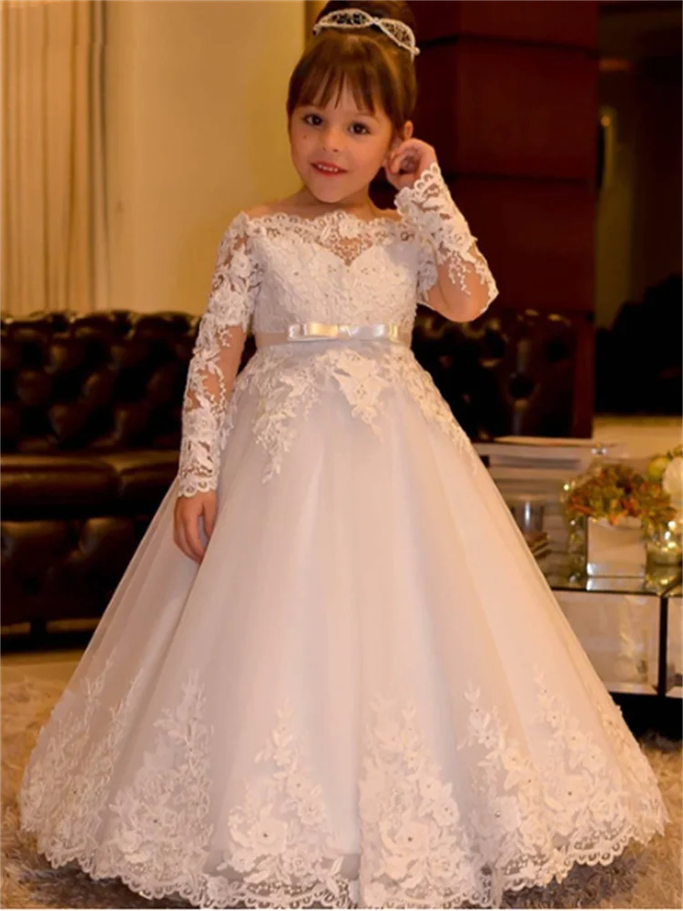 First Communion Dresses Elegant Lace Decals Bare-shouldered Angel Princess Flower Girl Dress Wedding Party Ball Dream Kids Gift