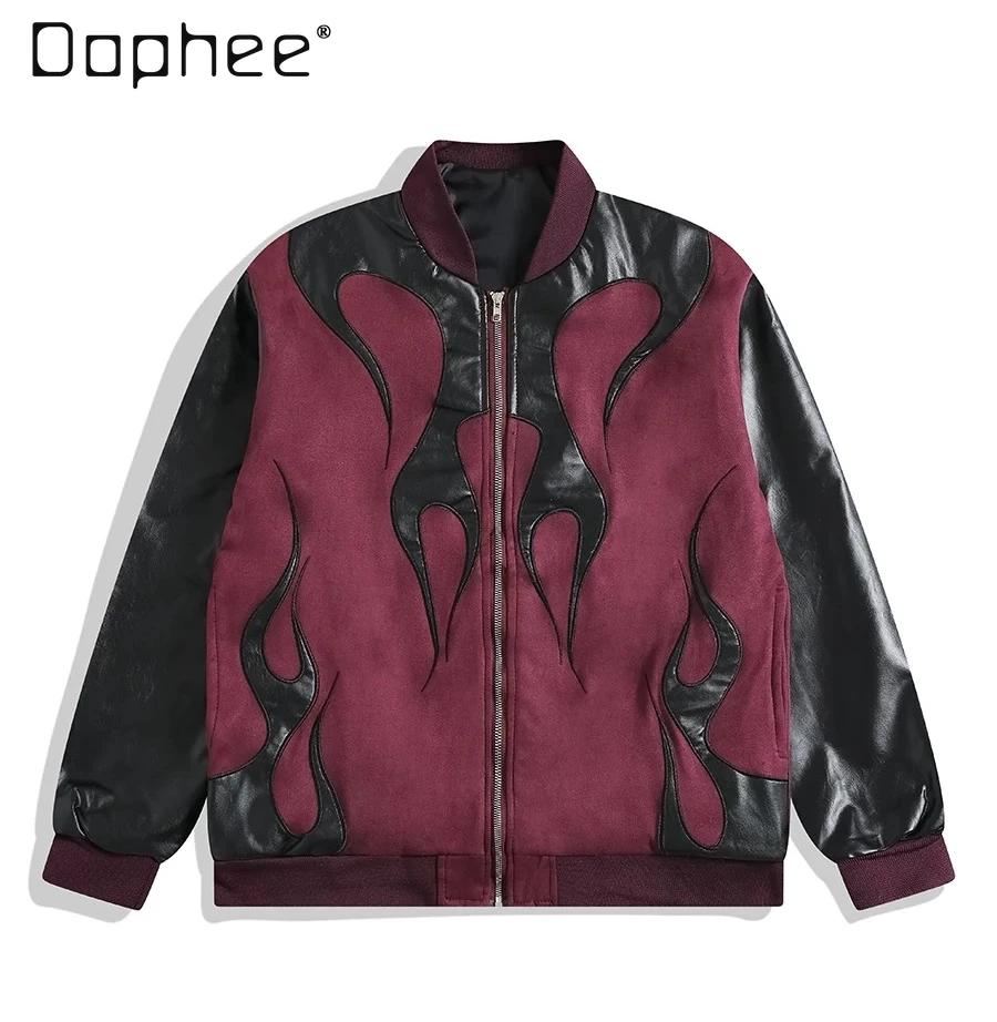 

2026 Spring Autumn New American Gothic Street Style Men's Loose Casual Daily Black Red Patchwork PU Leather Jacket
