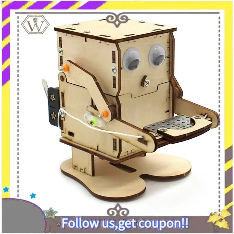 New Robot Eating Coin Wood DIY Model For Kid Science Experiment Wooden Assembly Kit Educational Toy 1Set