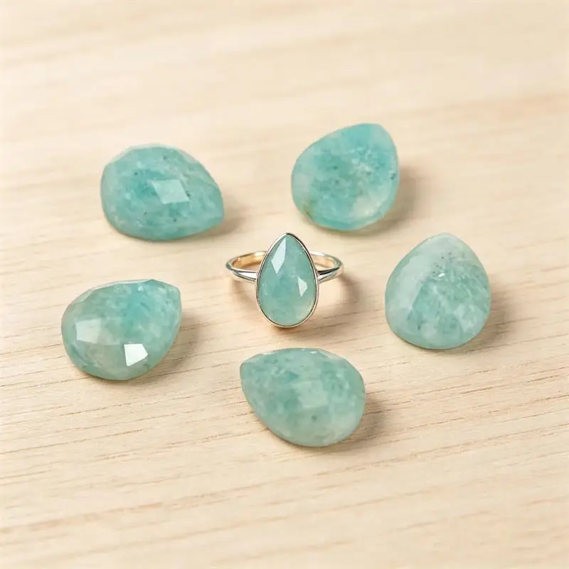 1PC 8x10mm Peruvian Amazonite Faceted Drop Cabochon Beads No Hole Polished Flat Back for Necklace Pendant