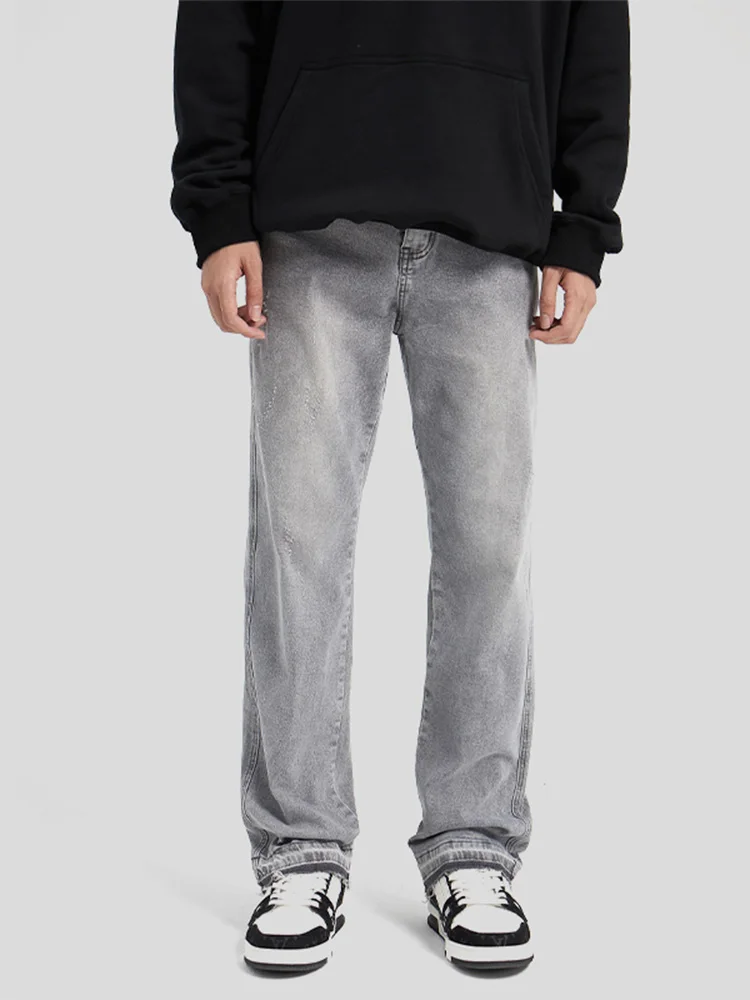 

Light ey American High Street Straight Leg Jeans for Men Spring Autumn Casual Long Trousers Loose Fit with Frayed Hem