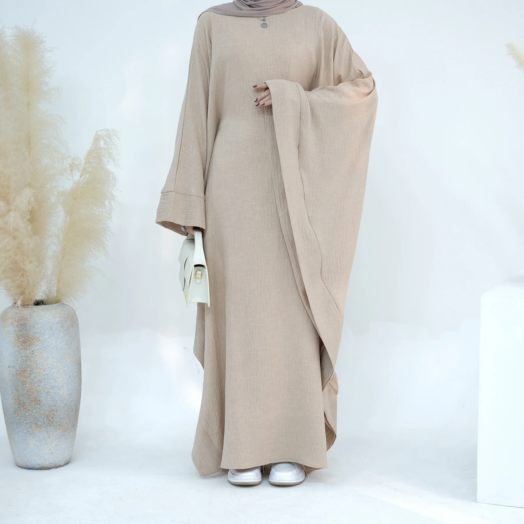 Ramadan Eid Oversize Batwing Abaya with Inside Tie Belted Dubai Turkey Islam Muslim Kaftan Modest Dress Women Kebaya Damen Robes