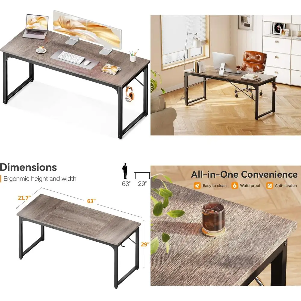 

Modern 63 Home Office Desk in Grey Oak Finish, Perfect for Studying and Writing