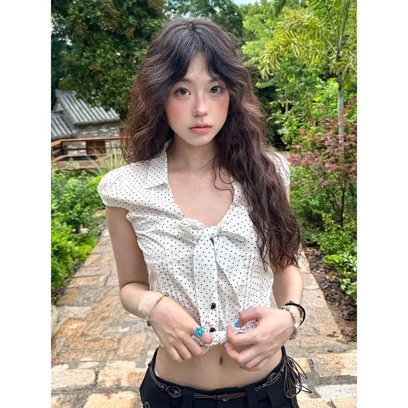 Kimotimo Polka Dot Bandage Bow V Neck Shirt Women Summer Fashion Slim Fit Waist Short Sleeve Blouse Sweet Y2k Aesthetic Crop Top