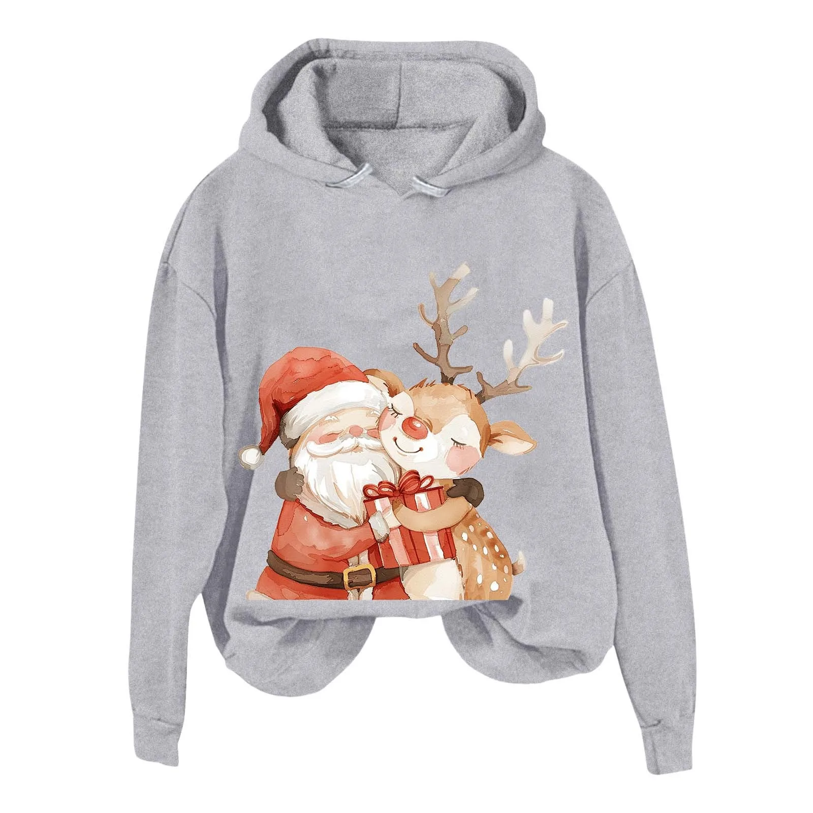 

2024 Christmas Santa Hugging Deer Print Women's Hooded Sweatshirt Casual Loose Long Sleeve Top Coat Warm Pullover Autumn Winter