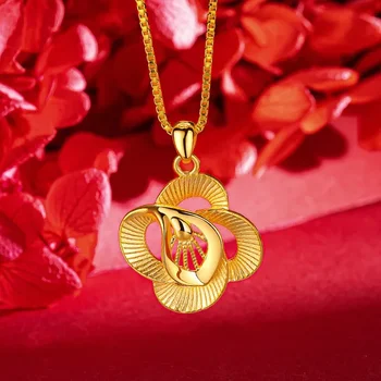 9999 100% real gold 24K yellow gold Phoenix tail small gold flower pendant necklace for women wedding fine jewelry