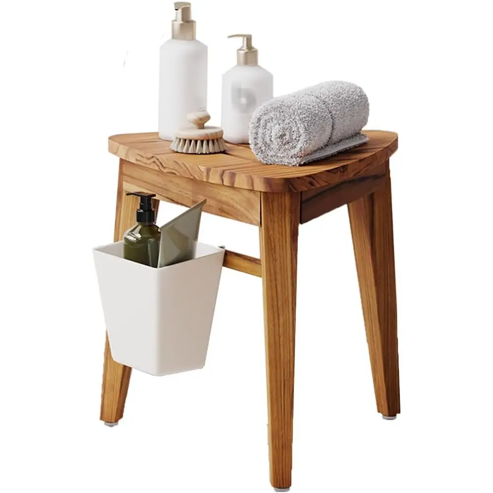 

Прочная тиковая скамья для душа с противоскользящей поверхностью, корзиной для хранения и подставкой для ног (для бритья)