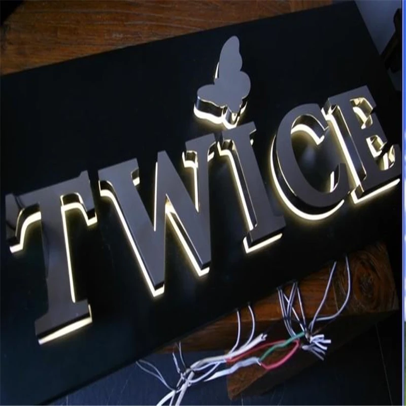 exterior back lit black gold stainless steel letters, custom rose gold color metal back illuminated led shop signs