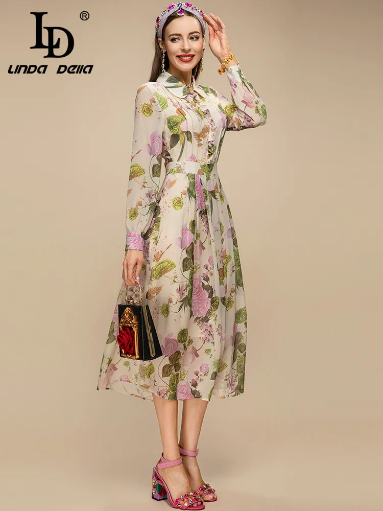 LD LINDA DELLA New 2023 Summer Runway Fashion Women Elegant Midi Dress Turn-down Collar Floral Print Vintage Party Dresses