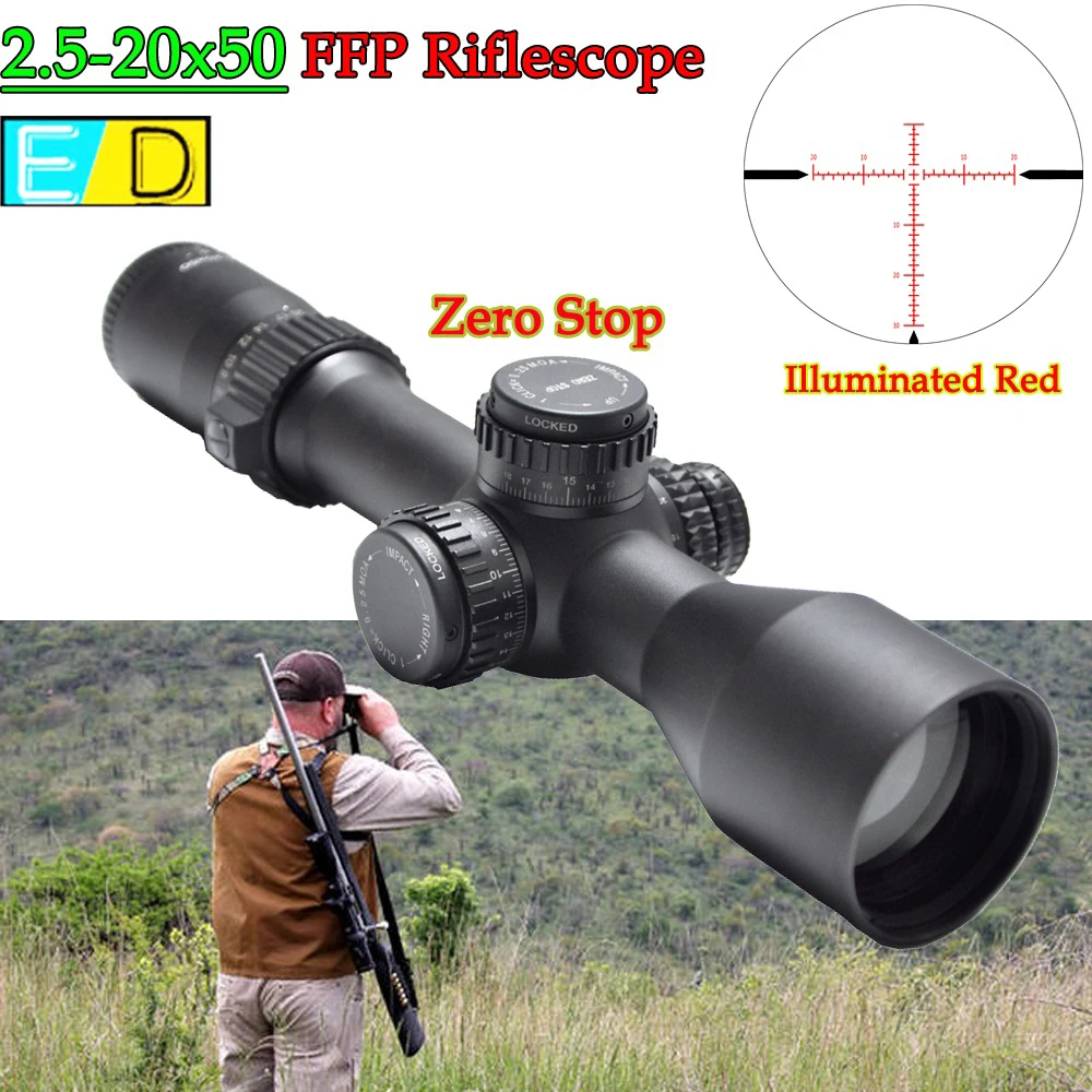 Zero Stop 2.5-20x50 FFP Riflescope ED Large View High Shockproof Illuminated Side Focus Tactical Hunting Optics Scope .338 Cal