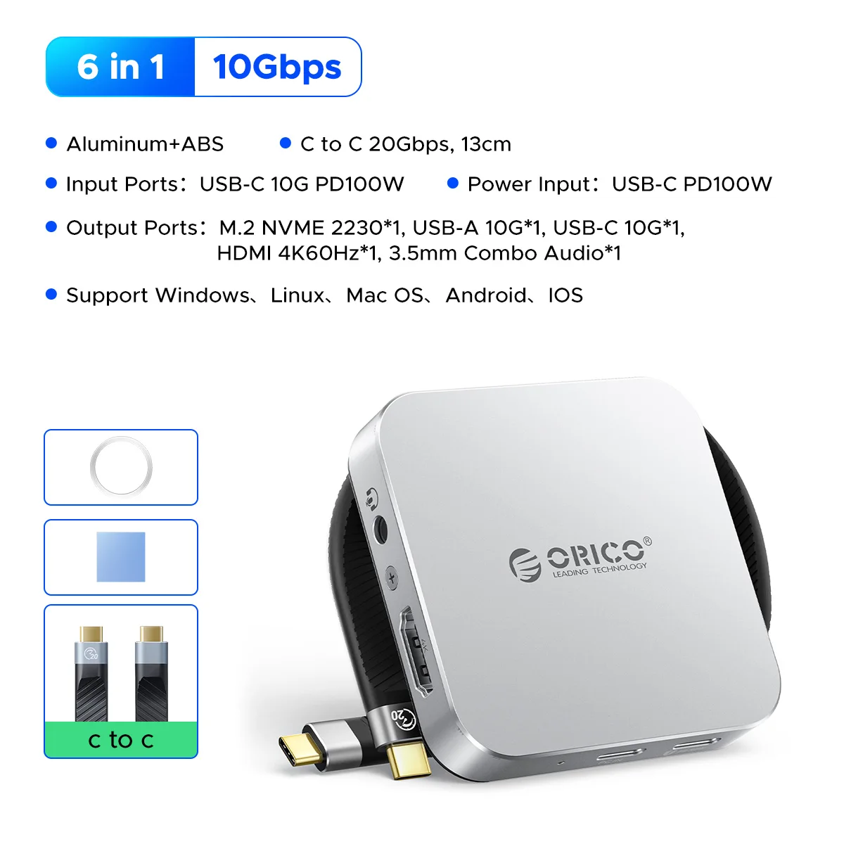 ORICO Magnetische M.2 2230 NVMe SSD-behuizing 10 Gbps USB C-dockingstation met 4K60 Hz HDMI-COM SD/TF PD 100 W oplader voor iPhone 17
