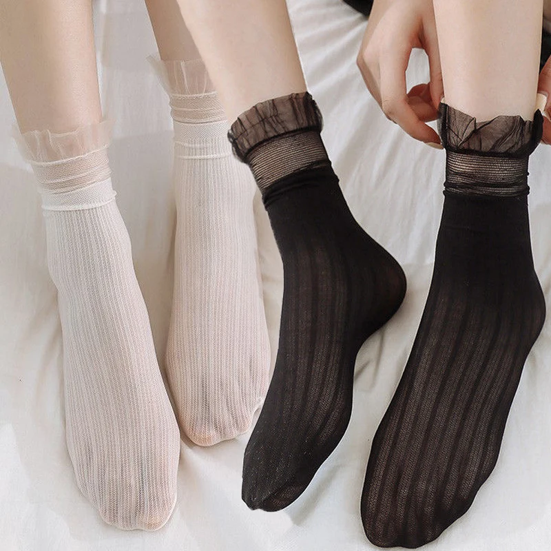 

5Pairs Women's Summer Lace Frilly Ruffle Socks Girls Velvet Ultra-thin Long Sock Transparent Hosiery Harajuku Hollow Out Sox