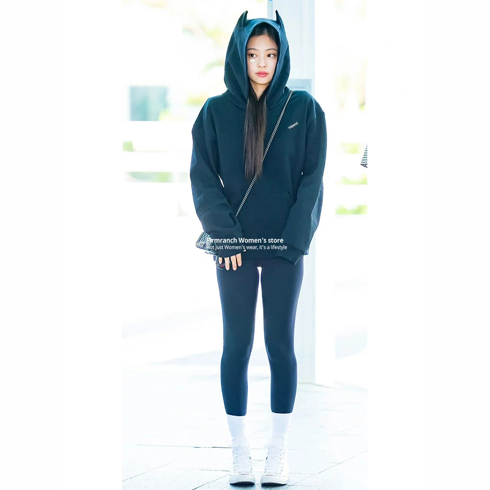 Firmranch Korean Jennie Outfits Hoodies for Men and Women, Black Cat Ear Hood, Fashionable Clothes, Little Devil Sweatshirt