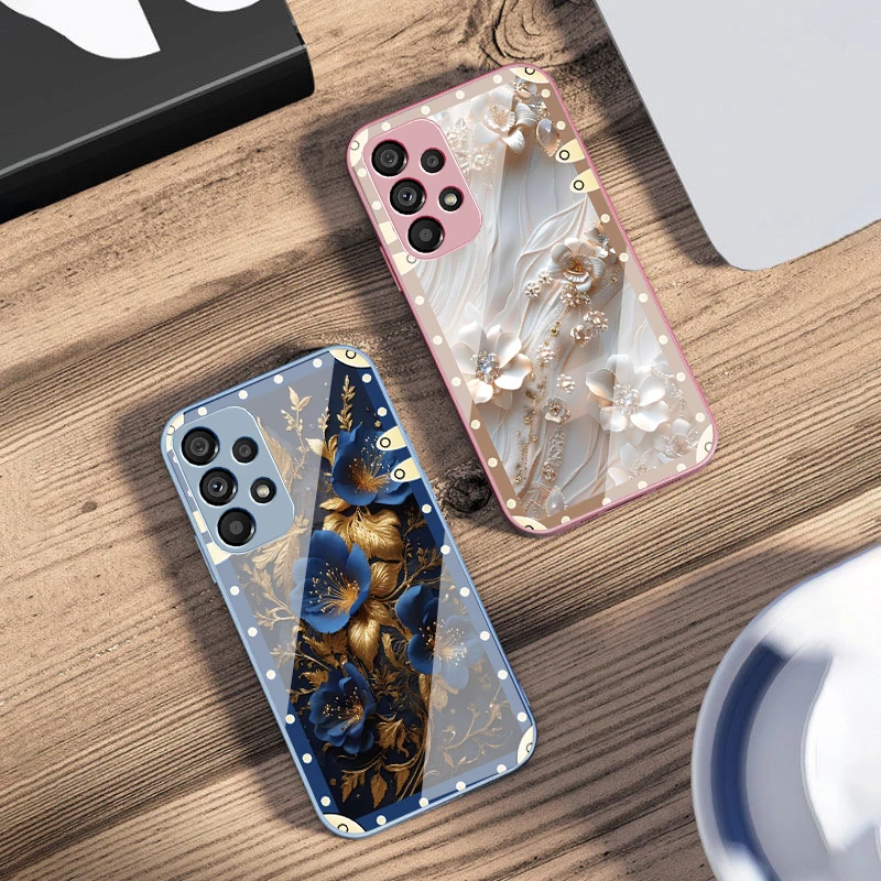 Box Pink Flowers For Samsung Galaxy S10 4G S20 11E 30 S21 22 S24 Fe Pro S23 S25 Ultra 5G S9 Tempered Glass Phone Case