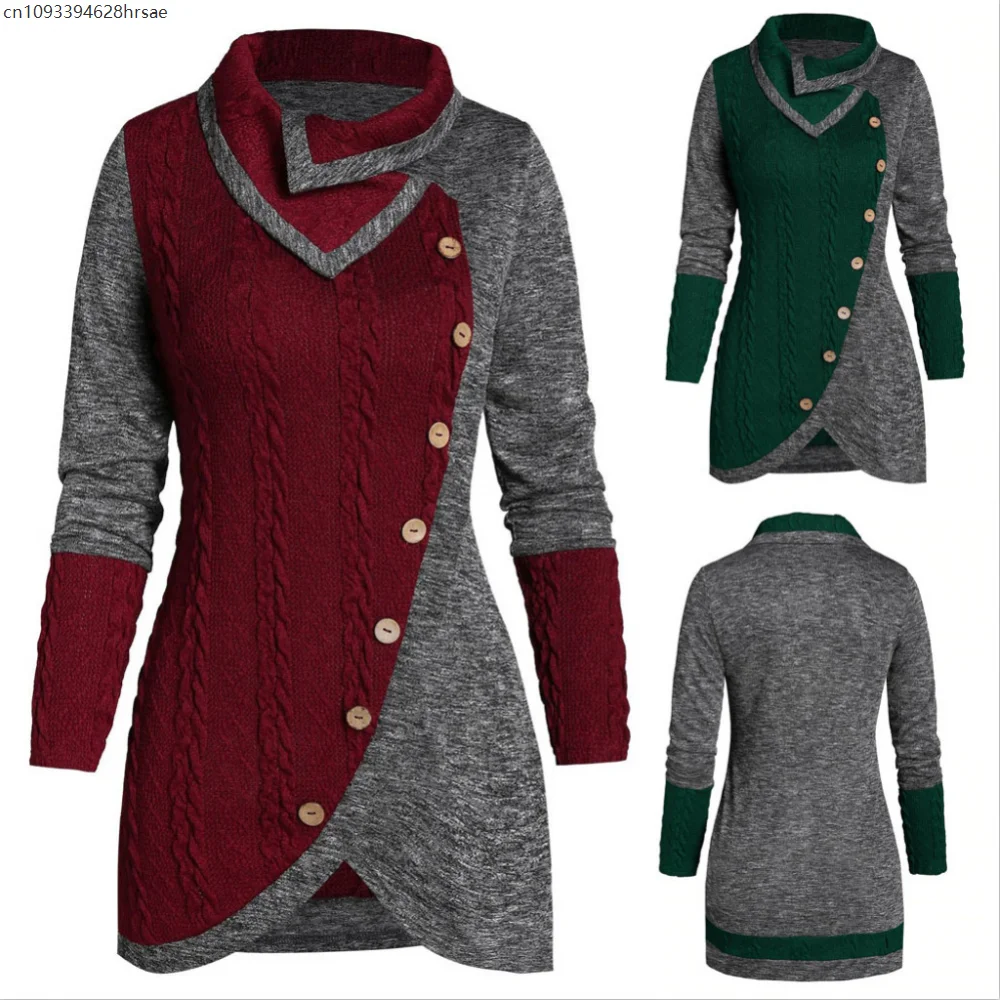 

Plus Size 5XL Winter Asymmetric Buttons Tops Tunic Sweater Women Warm Long Sleeve Knitted Pullover Sweaters Jumper Outerwear